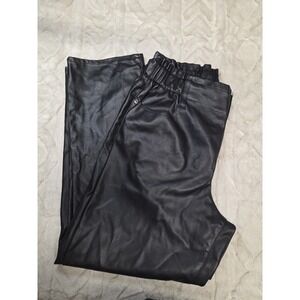 Scoop Black Faux Leather Straight Pants- Elastic Waist Button Accent